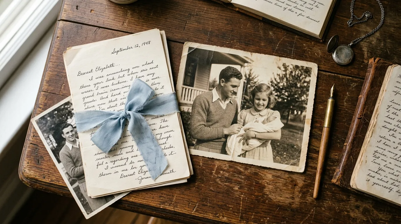 A flat-lay photo of a vintage photograph and handwritten letters tied with a ribbon