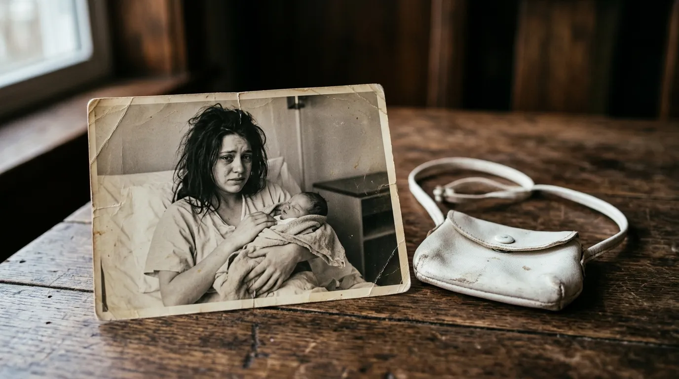 A tiny purse next to a vintage photo of a woman holding a baby