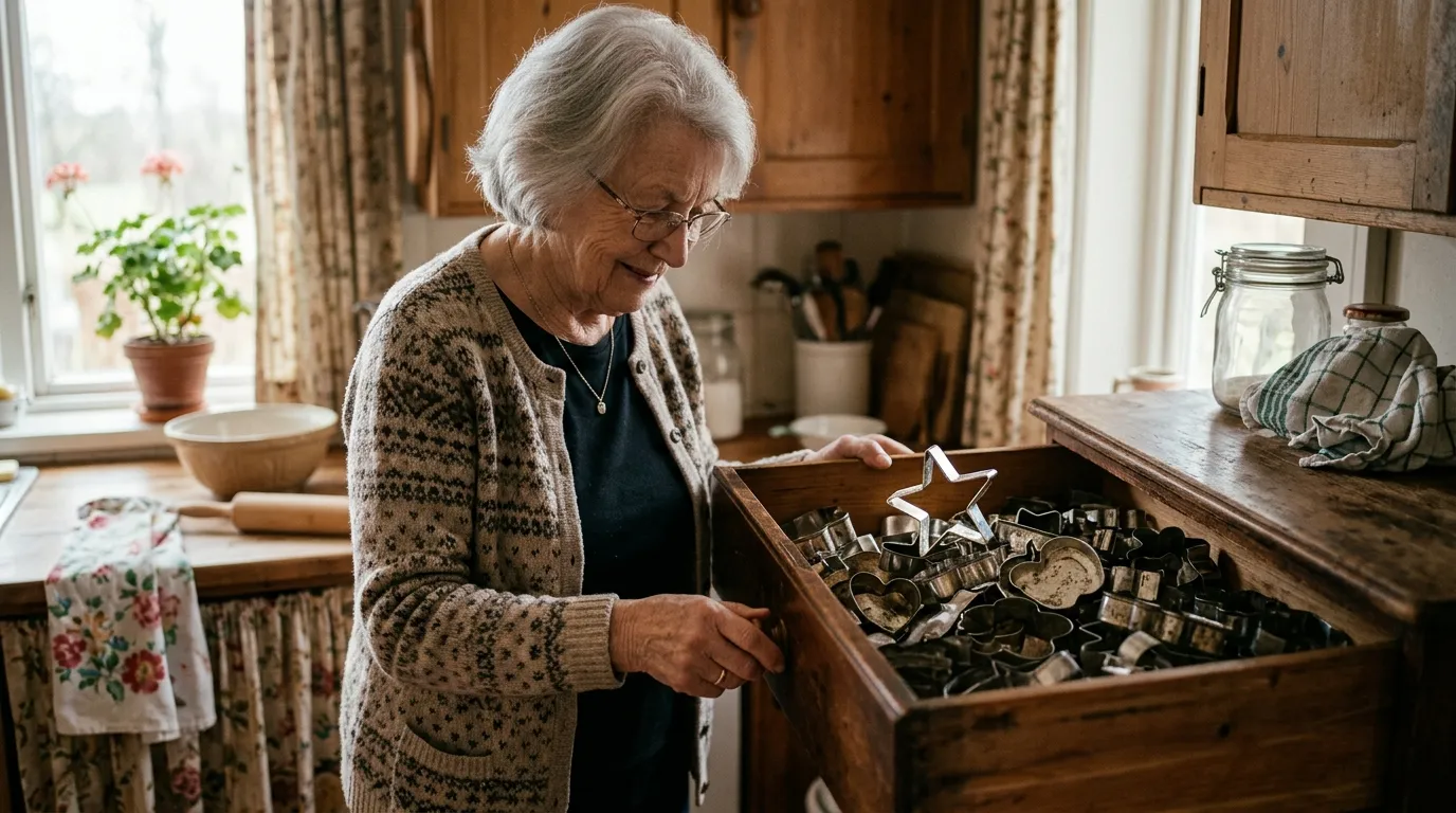 An elderly woman with silver hair opening a vintage kitchen drawer filled with metal cookie cutters, highlighting a single star-shaped cutter.
