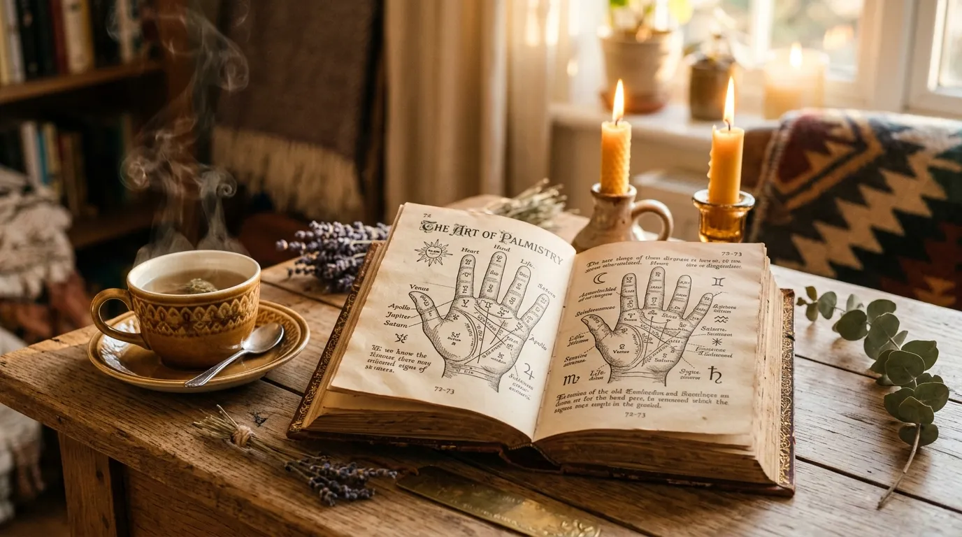 Old palmistry book on a cozy table with lit candles