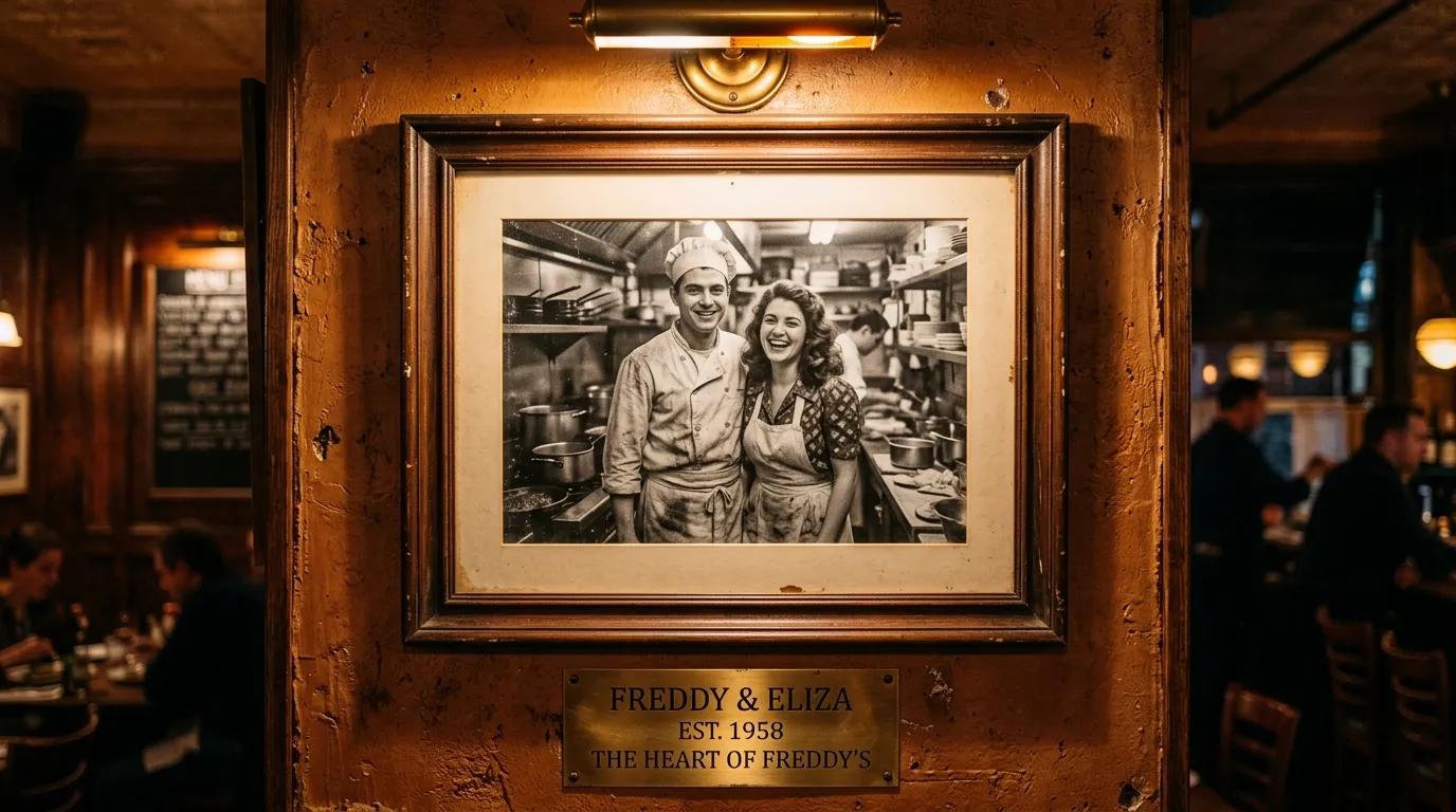 A vintage framed photograph of Alaric and Molly with a brass plaque