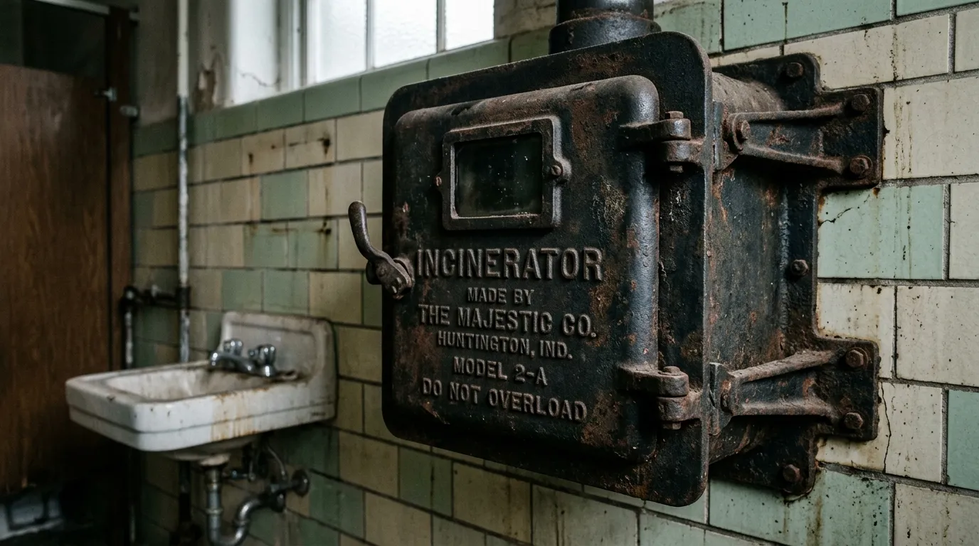 A dark, heavy cast-iron incinerator mounted on an old tiled bathroom wall.