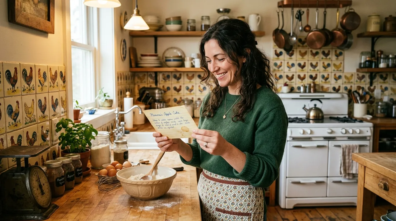 A cozy kitchen with vintage rooster tiles and a woman standing by the counter.