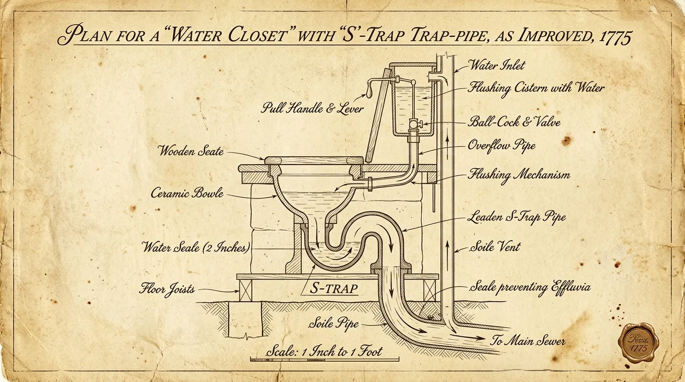 Vintage patent diagram showing the S-trap pipe curve under a toilet bowl.