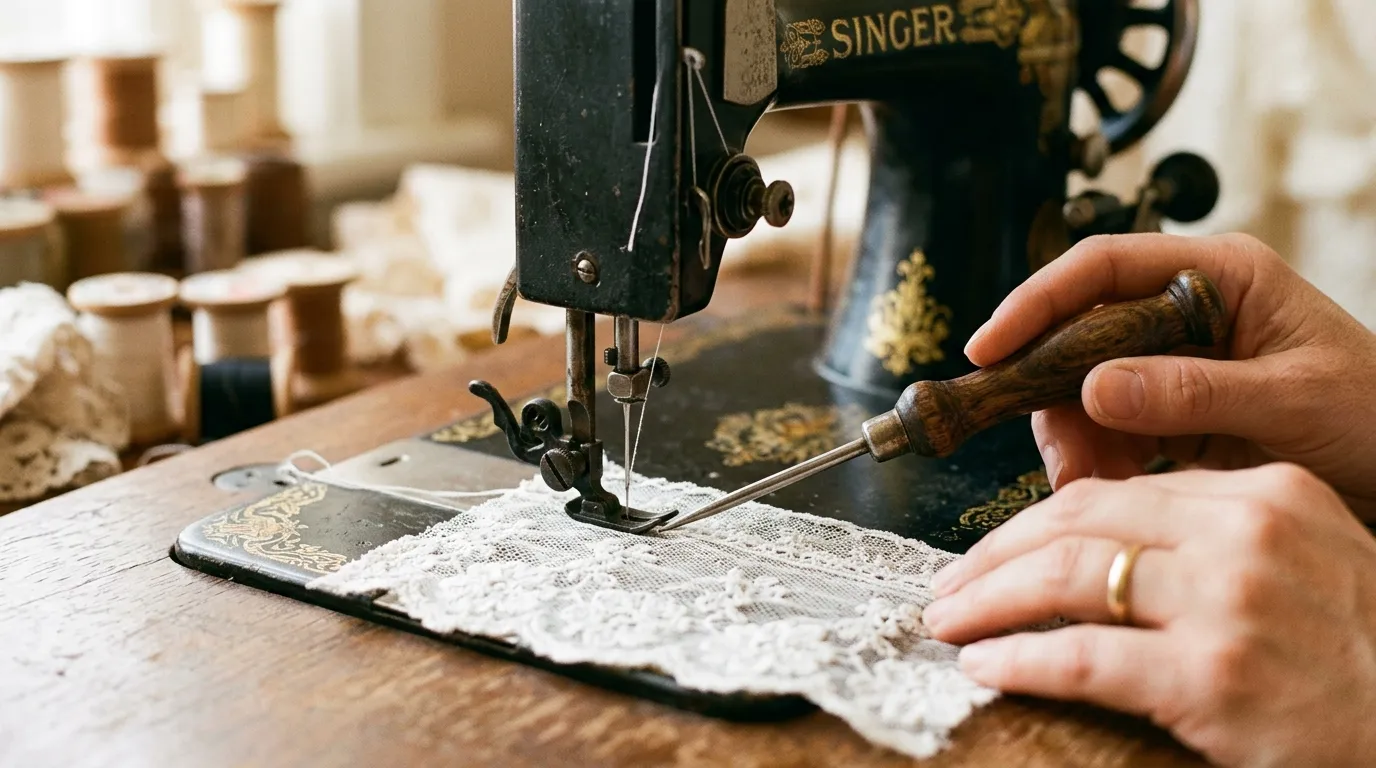 A vintage sewing stiletto guiding delicate lace under the needle of an antique sewing machine