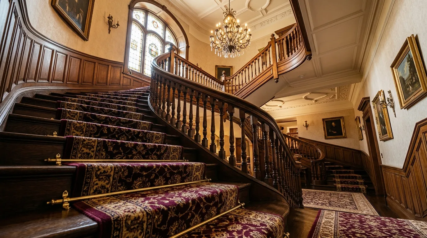Close-up of ornate brass dust corners on a wooden staircase