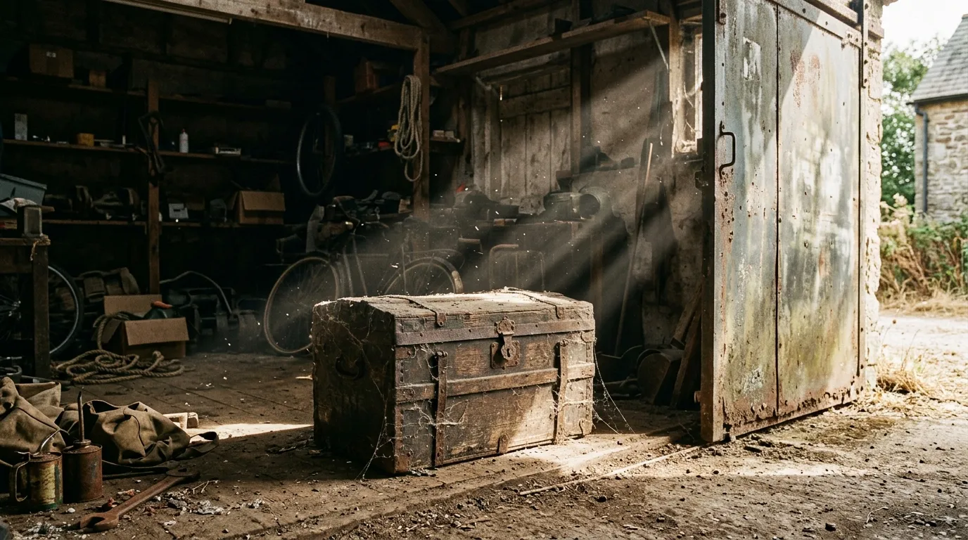 A dusty vintage storage garage with an old wooden chest under beams of light