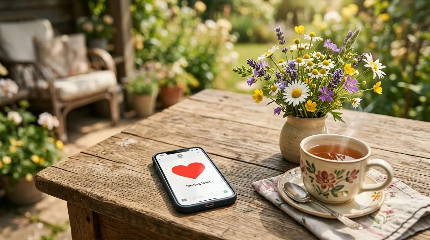 A smartphone displaying a heart icon resting on a rustic table next to wildflowers.