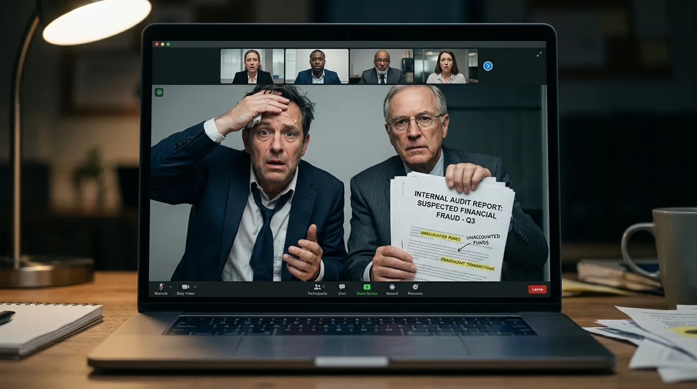 A tense virtual board meeting on a laptop screen with evidence of financial fraud.