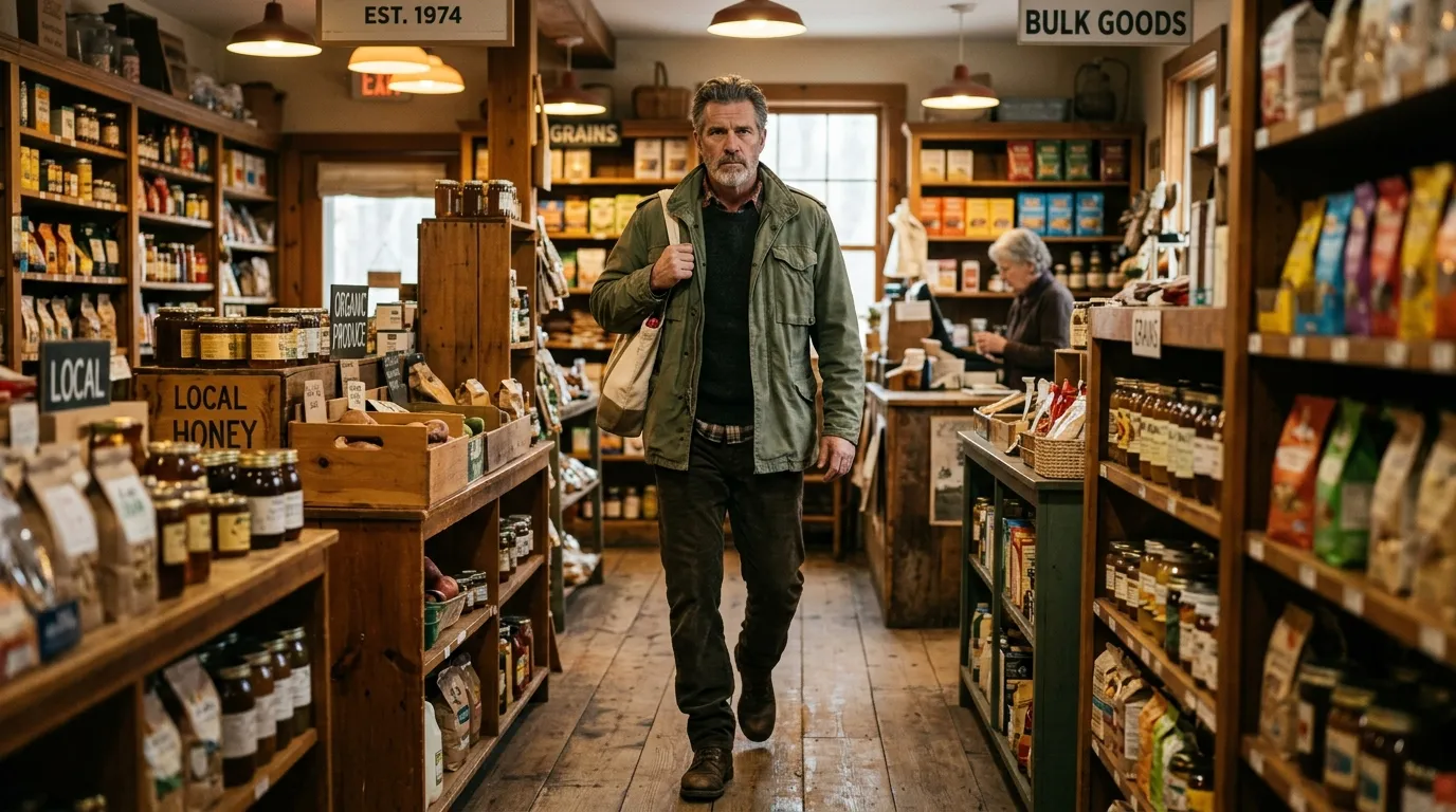 A serious man in a military jacket walking down a grocery store aisle
