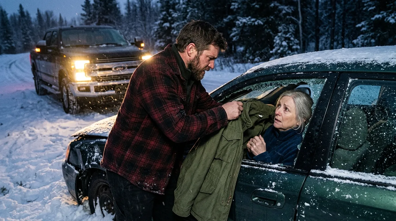 A man in a flannel shirt giving his military coat to a shivering woman in a crashed car