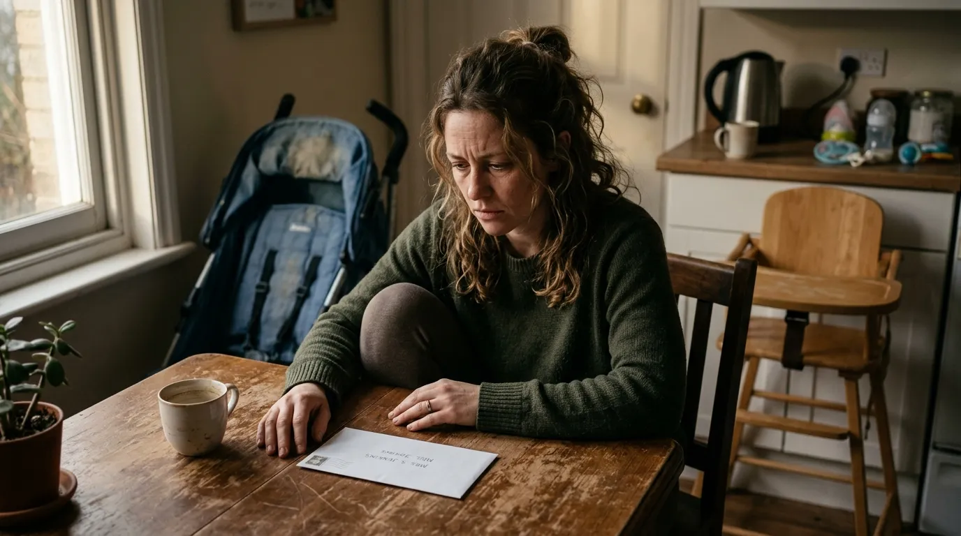 Tired mother sitting at a kitchen table looking at a sealed envelope.