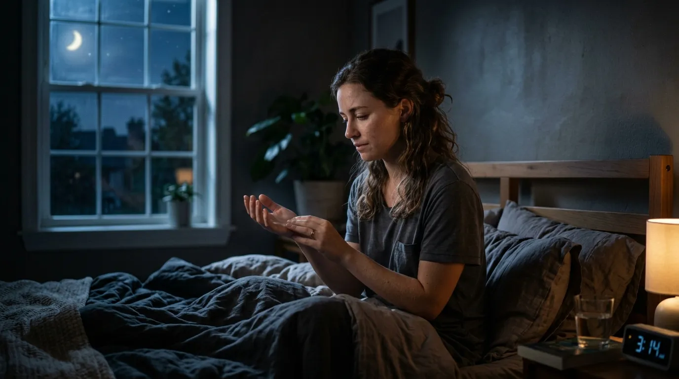 Young adult waking up in bed at night looking concerned at their hand