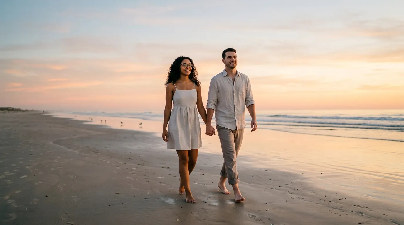 Ashley and Matthew walking side-by-side on a sunny beach