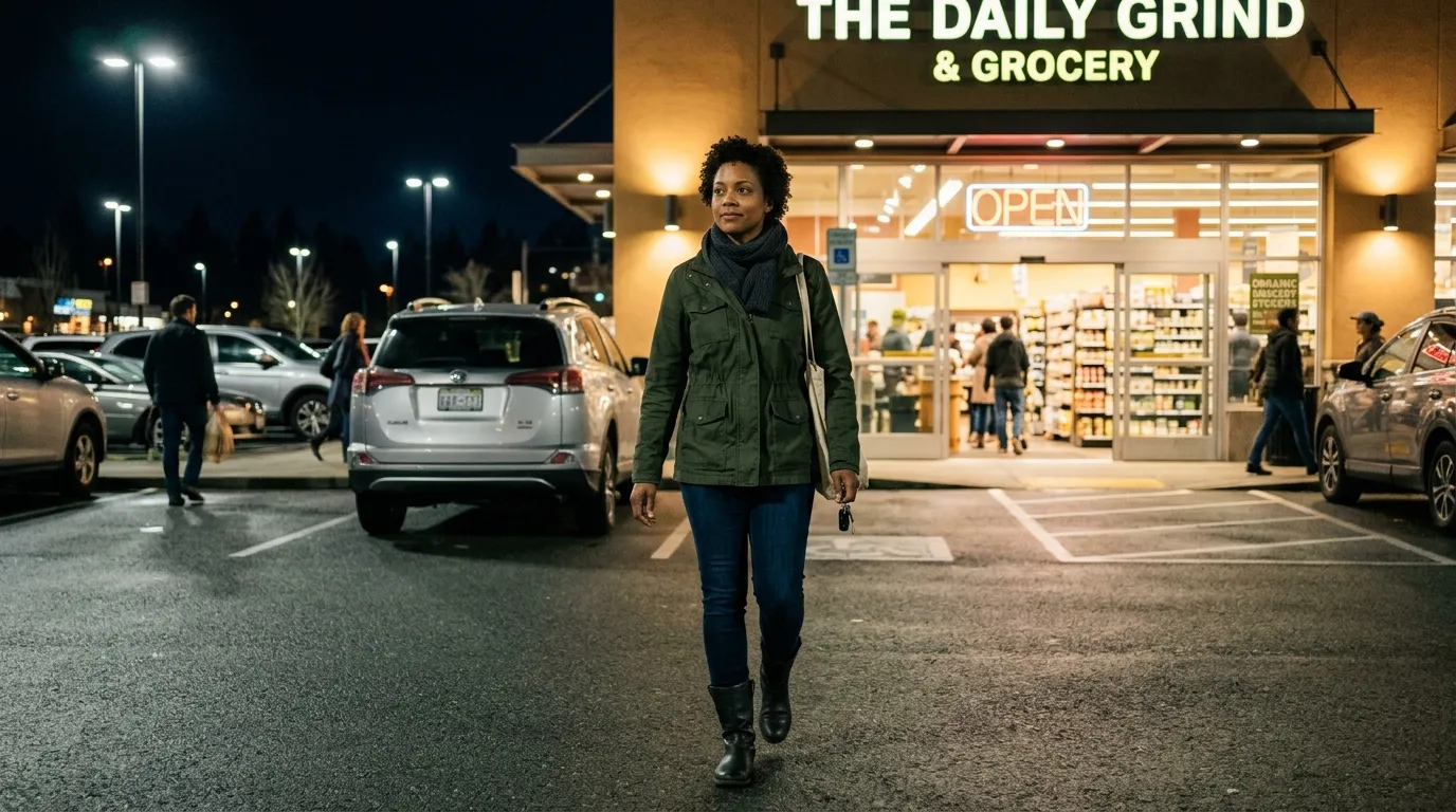 Driver walking away from their car toward a brightly lit building at night