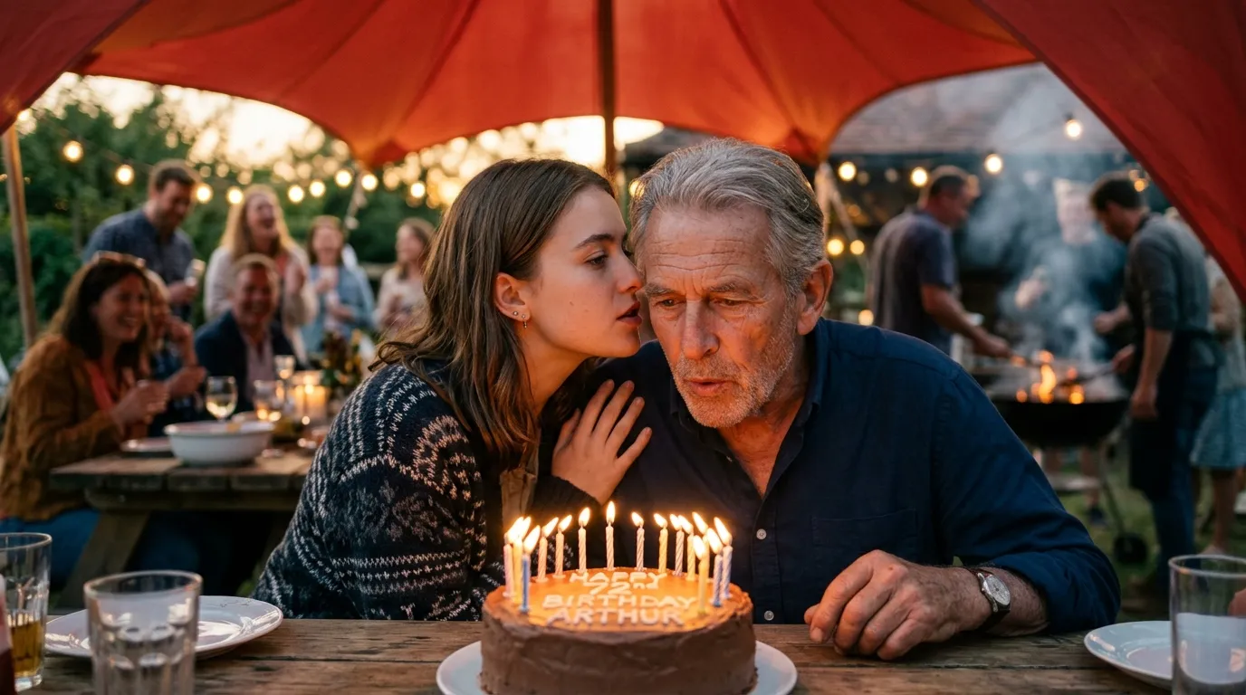 A granddaughter whispering a secret to her grandfather while he blows out birthday candles under a red tent