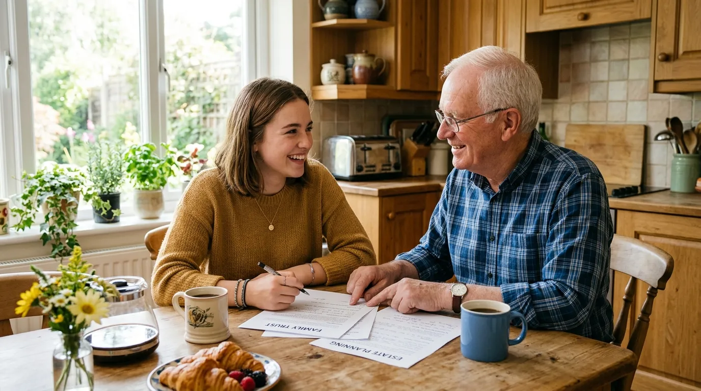 Grandfather and granddaughter smiling over breakfast and paperwork in a sunlit kitchen