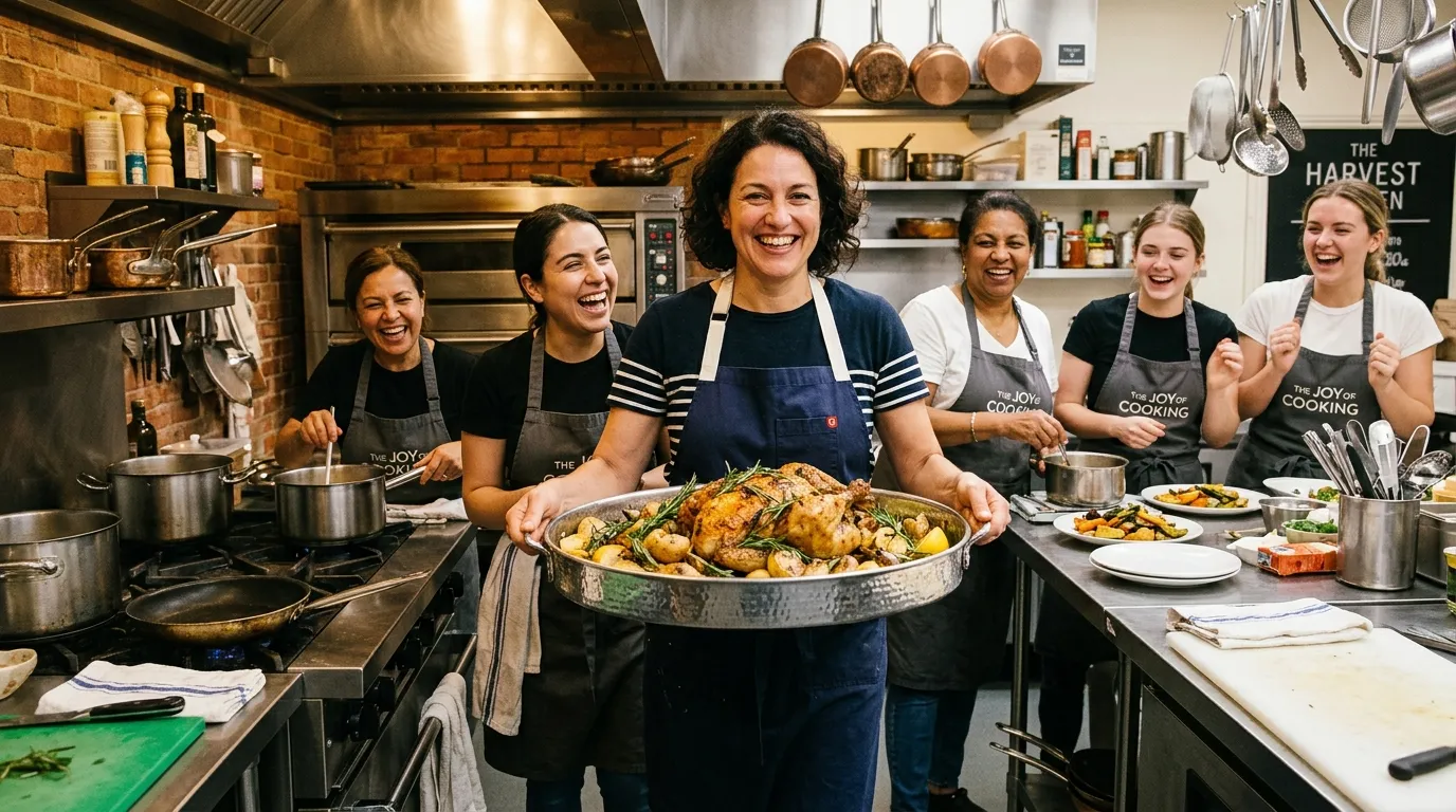 A brightly lit, warm commercial kitchen where a group of women are happily cooking and laughing, with one holding a silver platter of chicken.