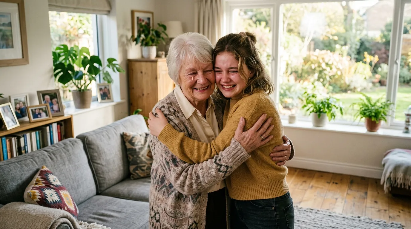 An elderly woman sharing a warm embrace with a young teenage girl in a living room