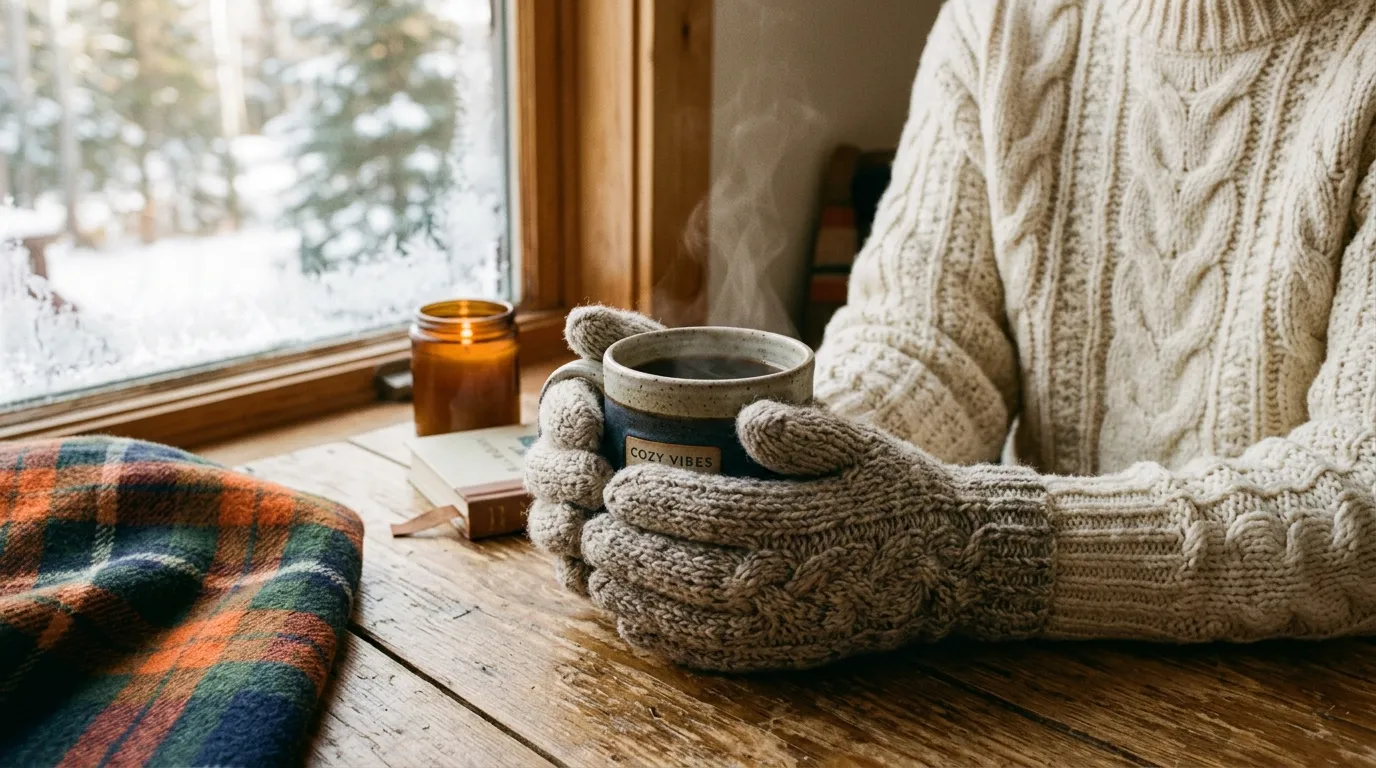 Person wearing thick cozy knitted winter gloves holding a hot drink