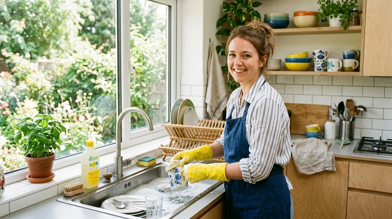 Person washing dishes wearing bright yellow rubber gloves