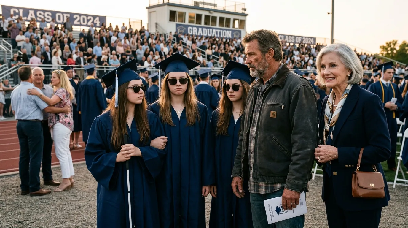 A wealthy older woman standing awkwardly before a father and his three teenage daughters at a graduation ceremony.