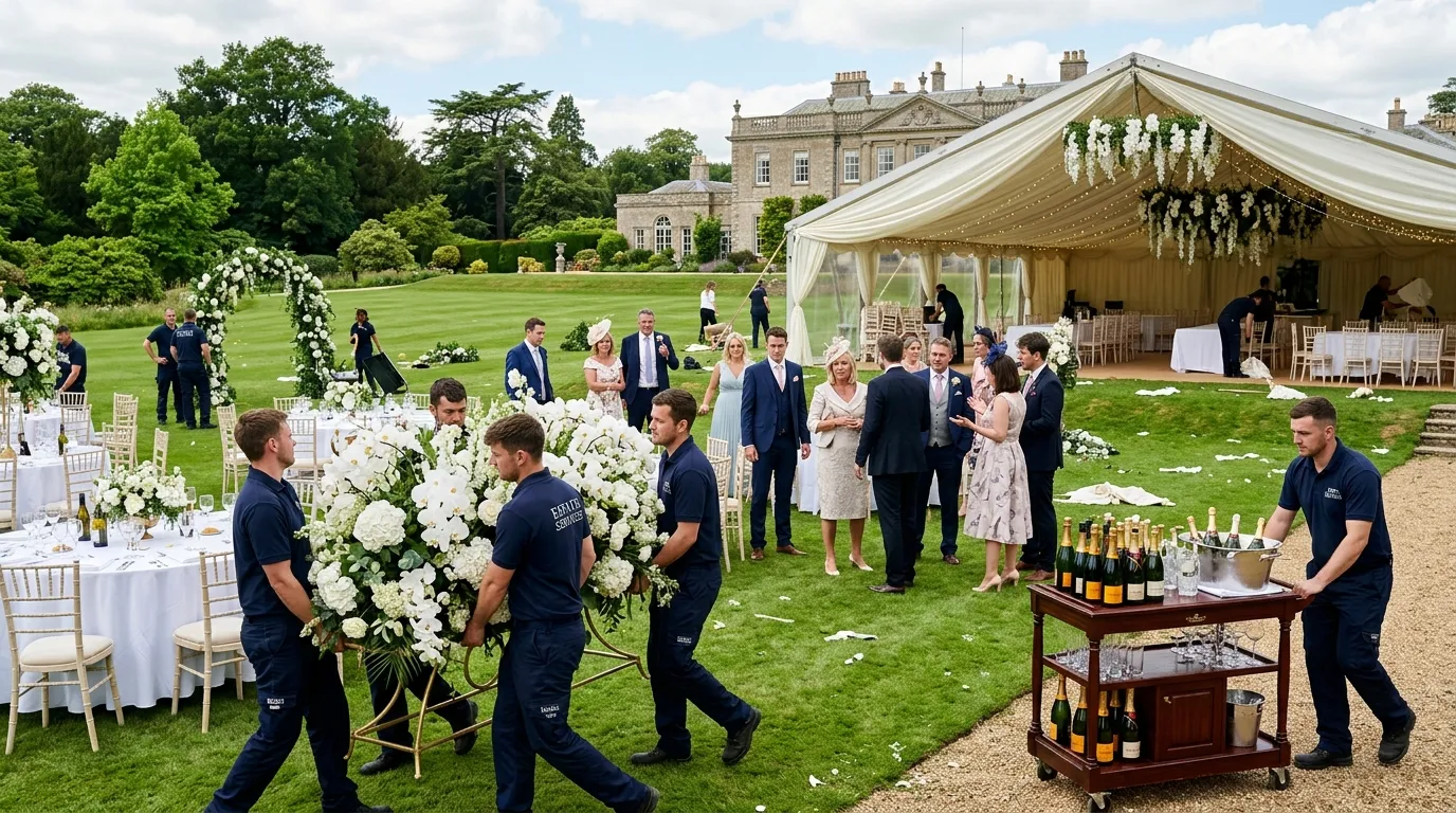 Event staff dismantling a luxury wedding reception, carrying away flowers and equipment.