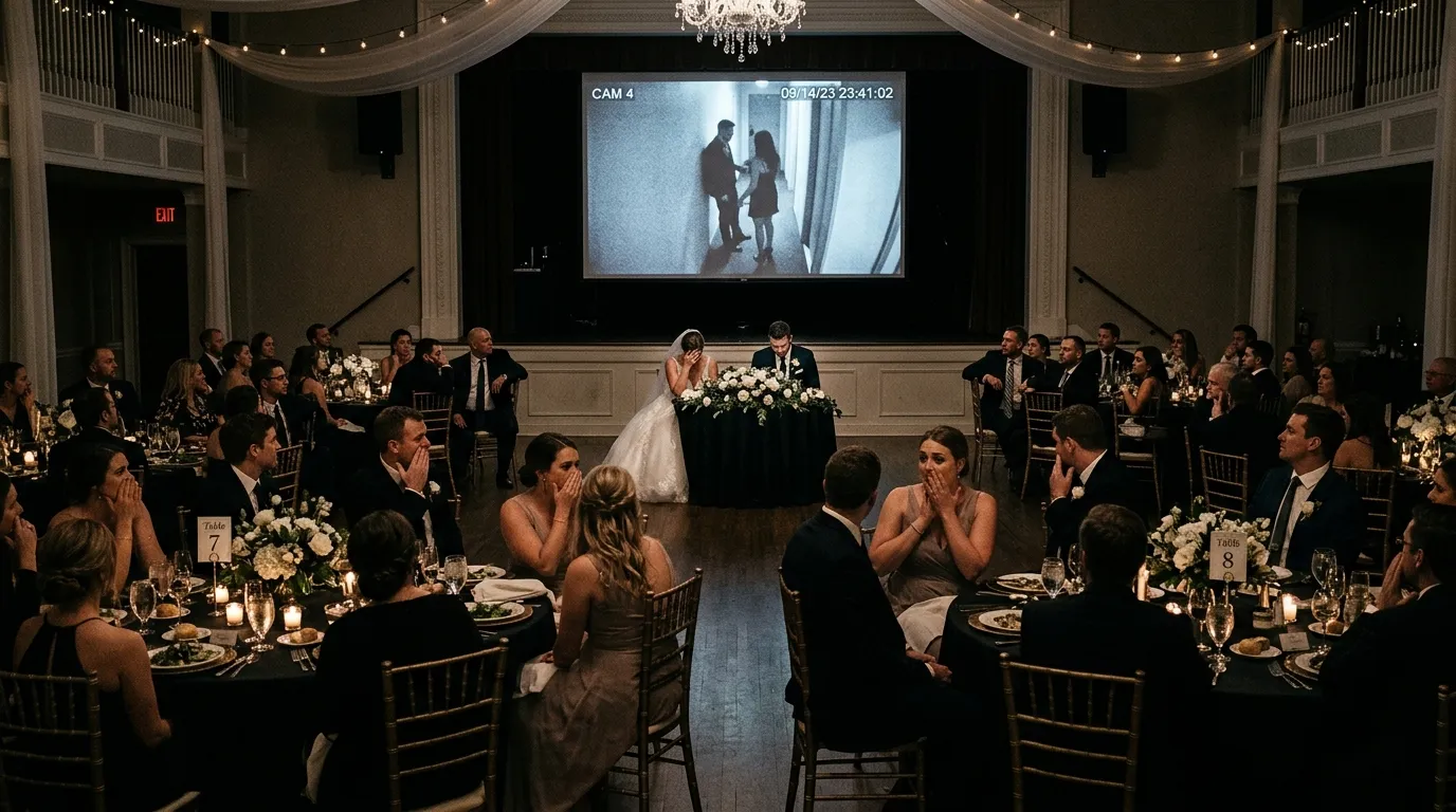Wedding guests staring in shock at a projector screen showing security footage