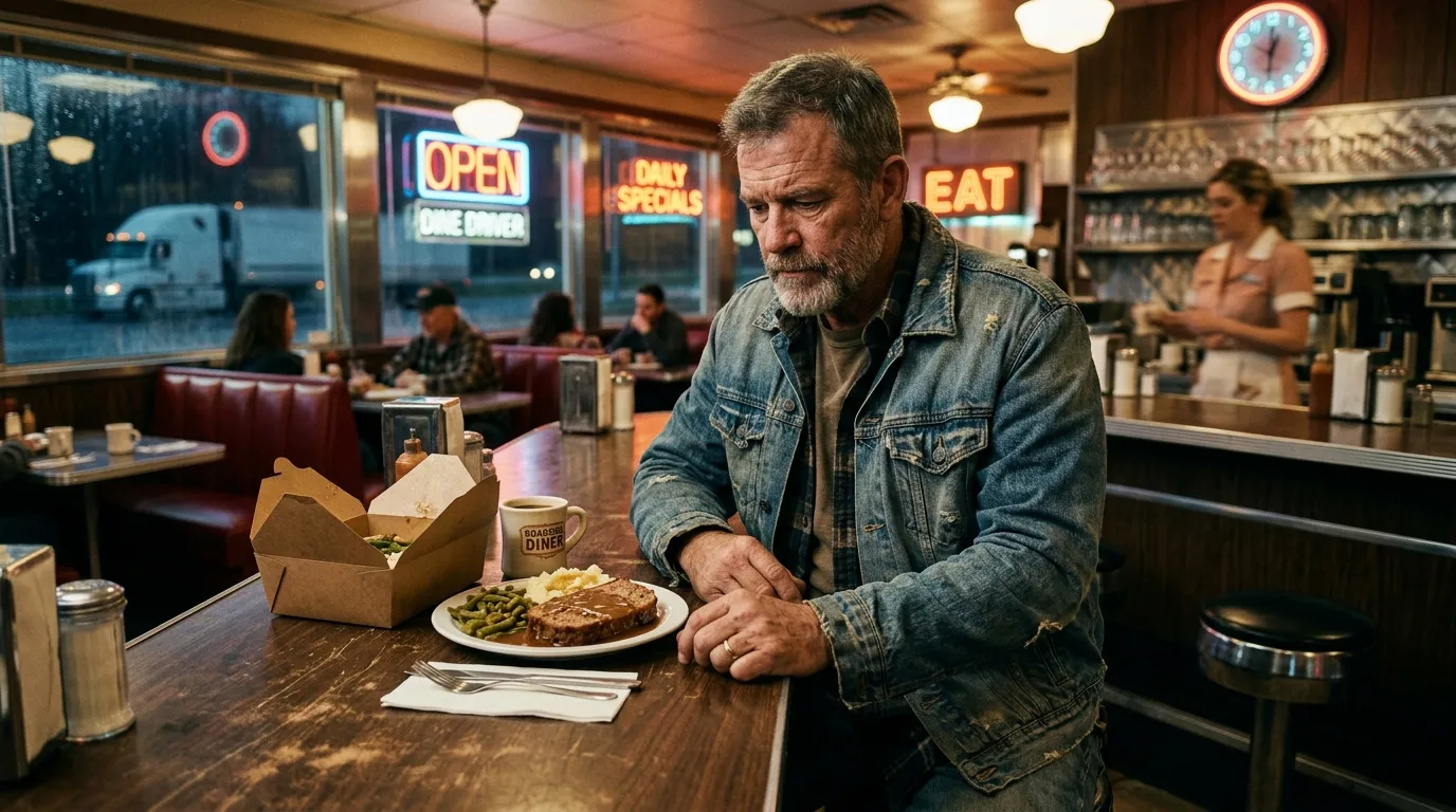 Wesley sitting at the diner counter with his food and a takeout box
