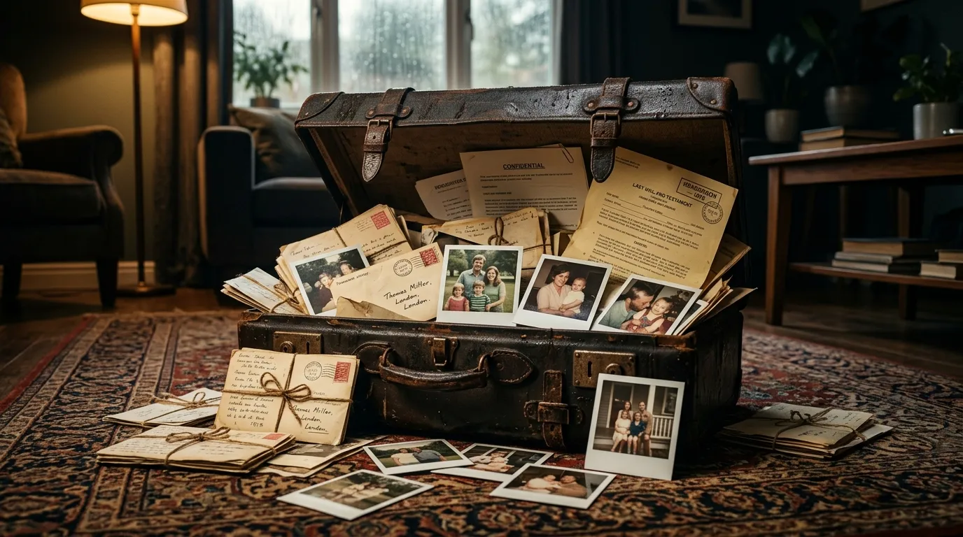 An open suitcase spilling letters and photos onto a living room floor
