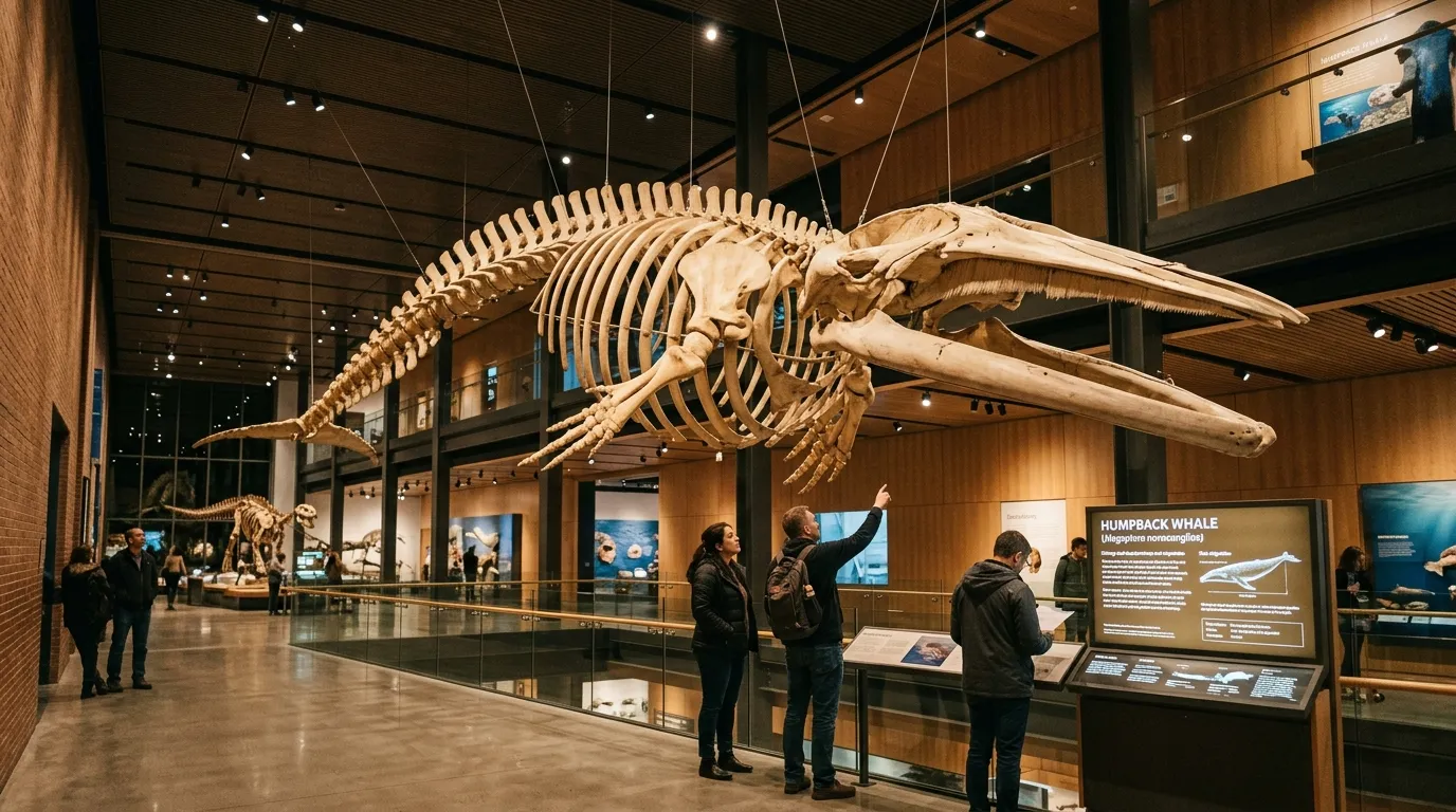 A large humpback whale skeleton perfectly preserved and elegantly displayed inside a modern museum.