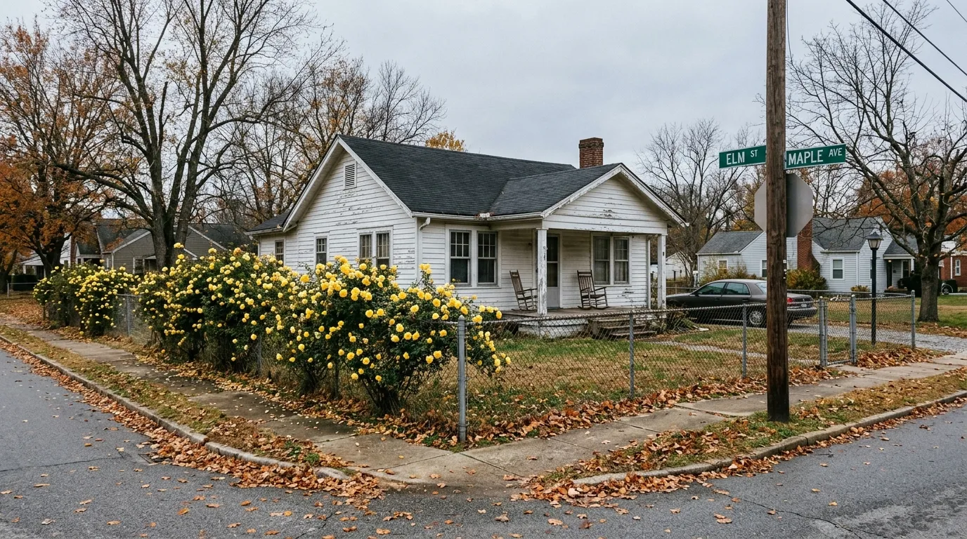 A small white house with a chain-link fence covered in bright yellow climbing roses