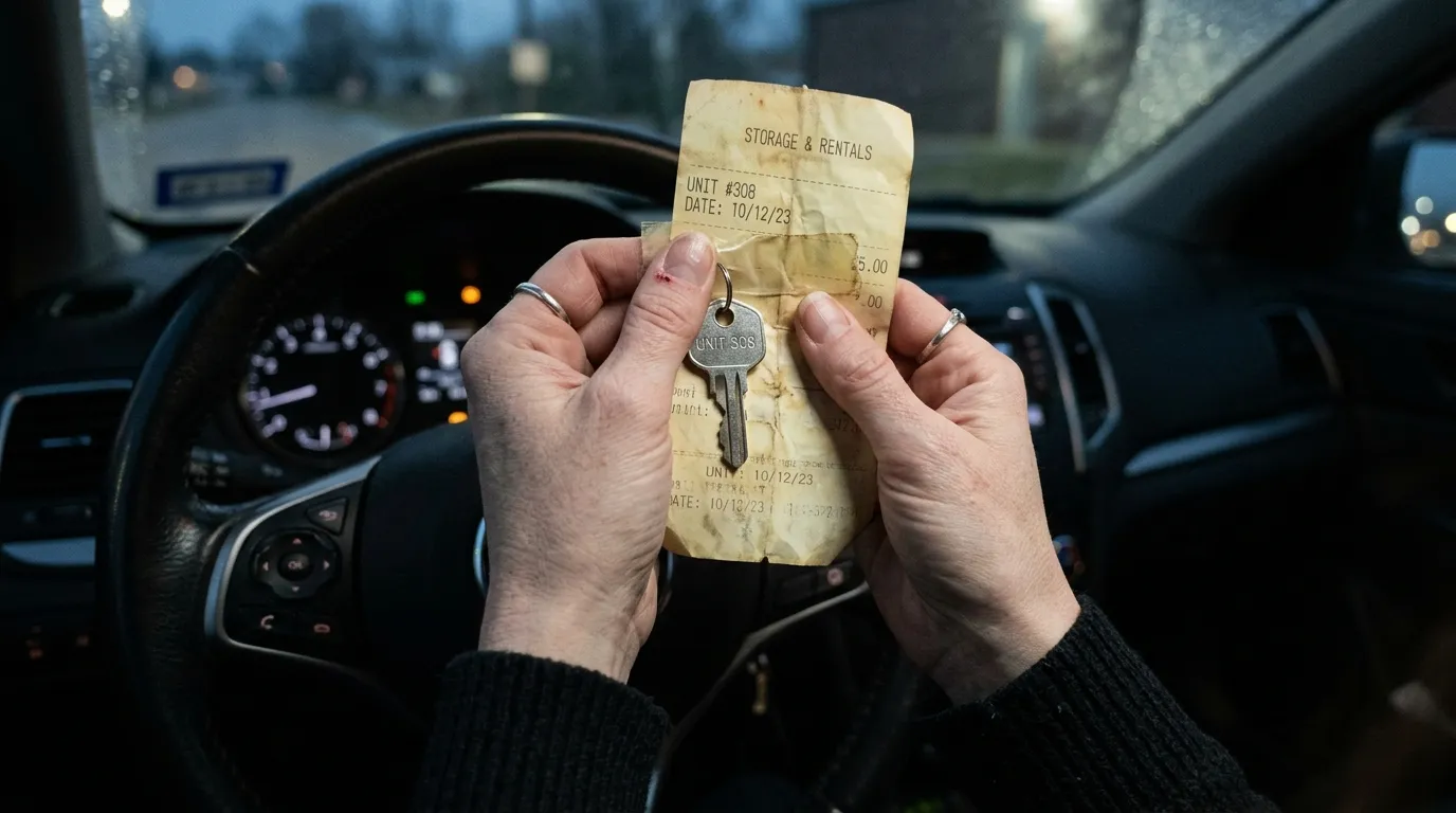 Woman's hands holding a silver key and a faded receipt in a car