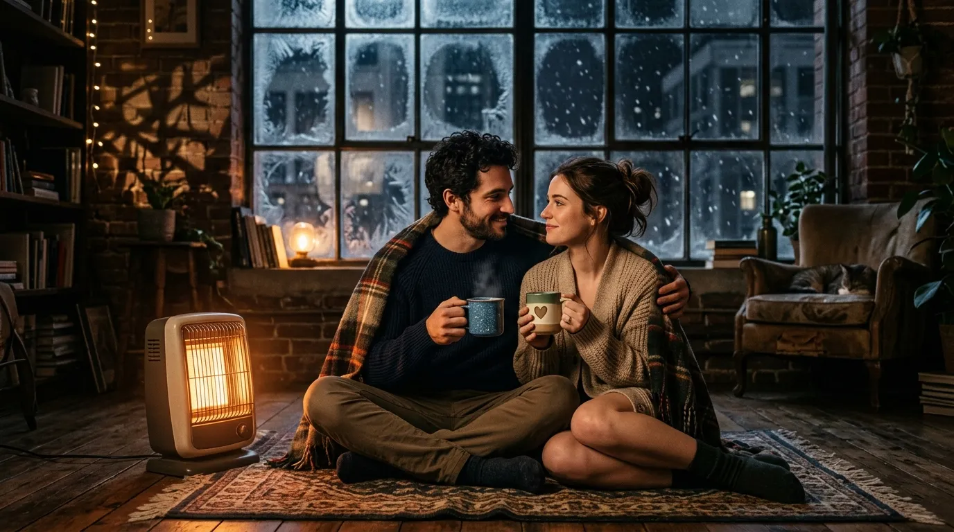 A couple sitting on the floor by a space heater during a winter storm