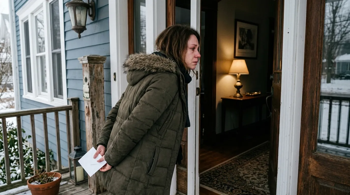 A tearful 42-year-old woman standing at a front door holding a clinical envelope