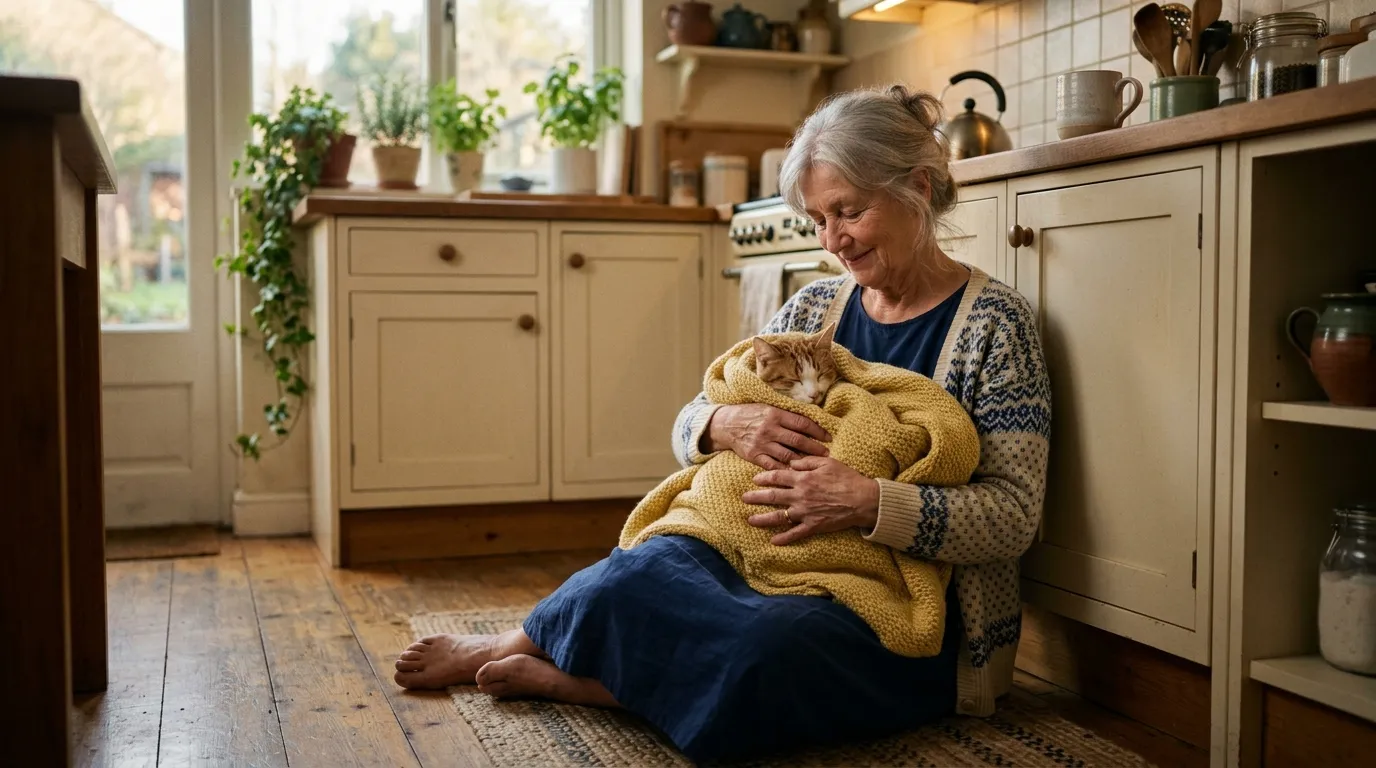 Elderly woman sitting on kitchen floor holding a cat wrapped in a yellow blanket