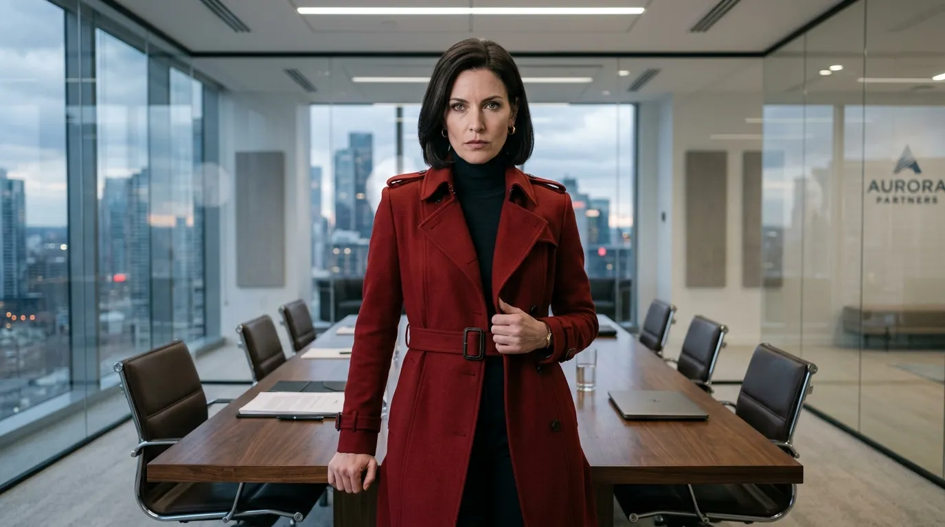 A woman in a sharp red coat standing confidently in an office setting.