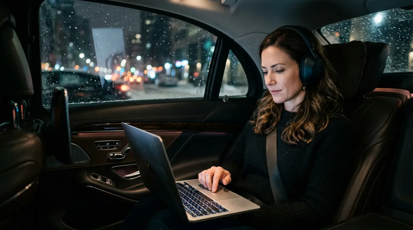 A woman in the back of a luxury car at night, calmly using her laptop.