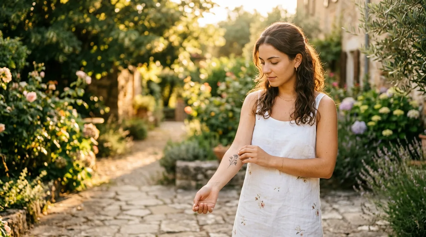Woman looking curiously at her forearm in the sunlight
