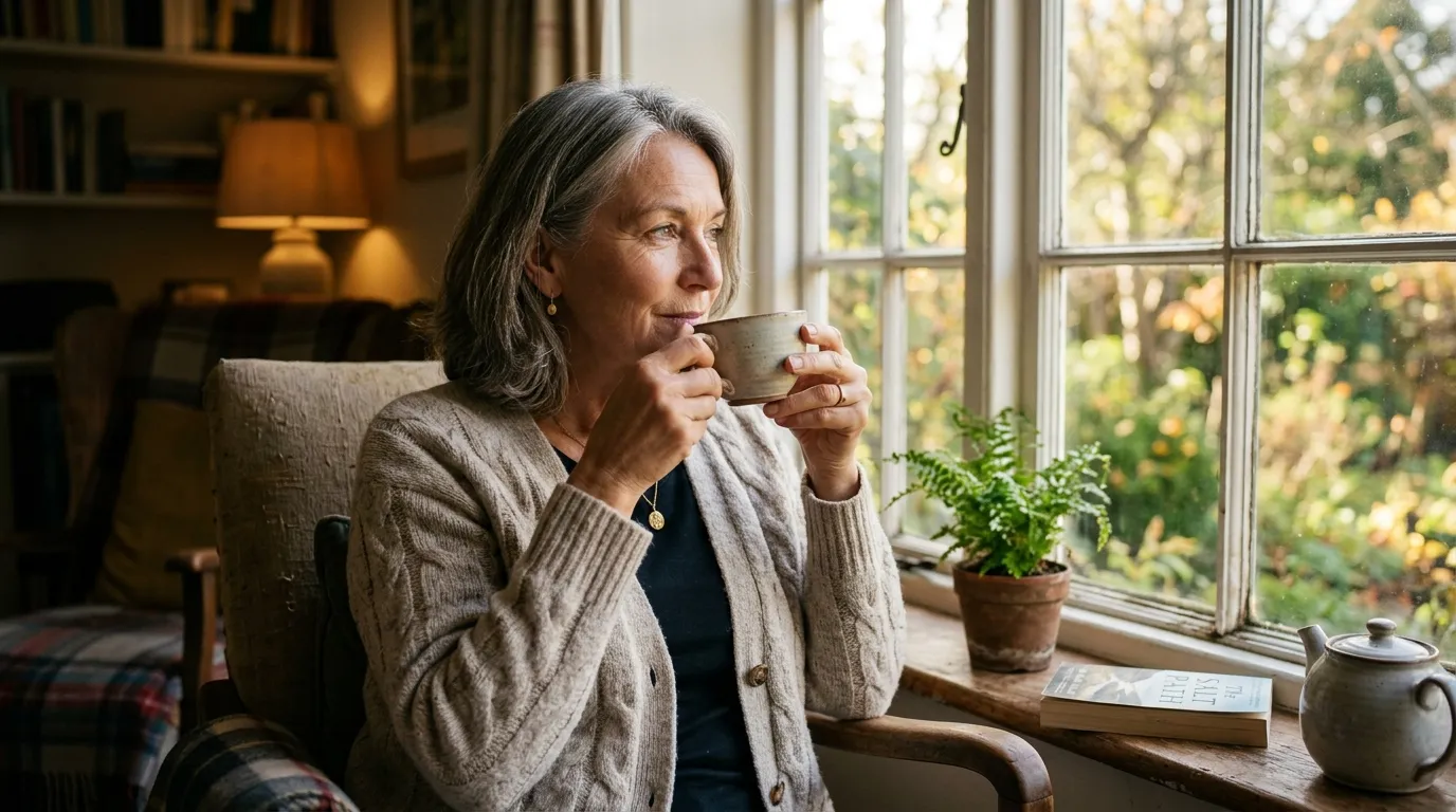 A thoughtful woman in her 50s looking out a sunlit window