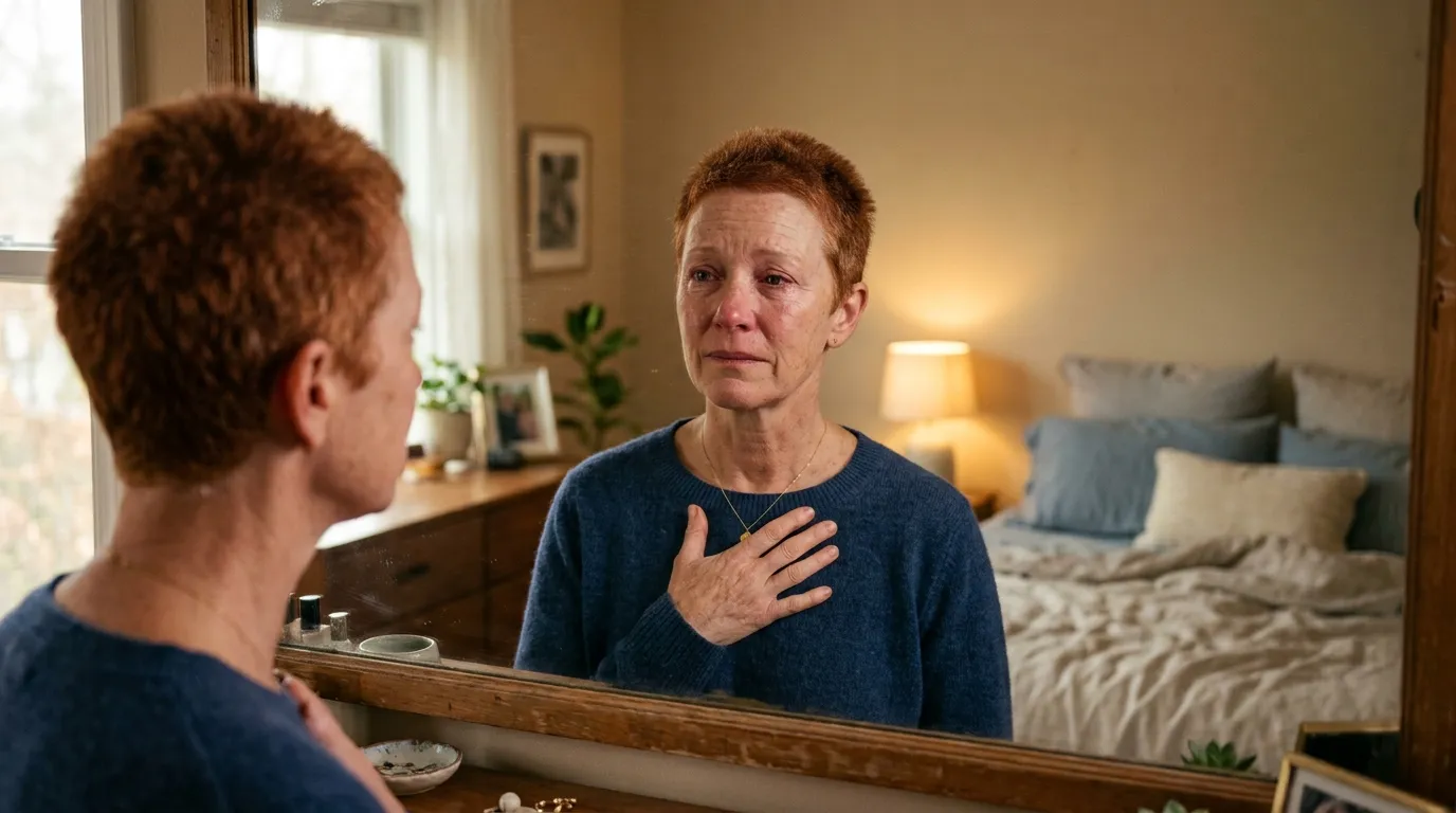 A woman with short fuzzy auburn hair looking vulnerably into a mirror