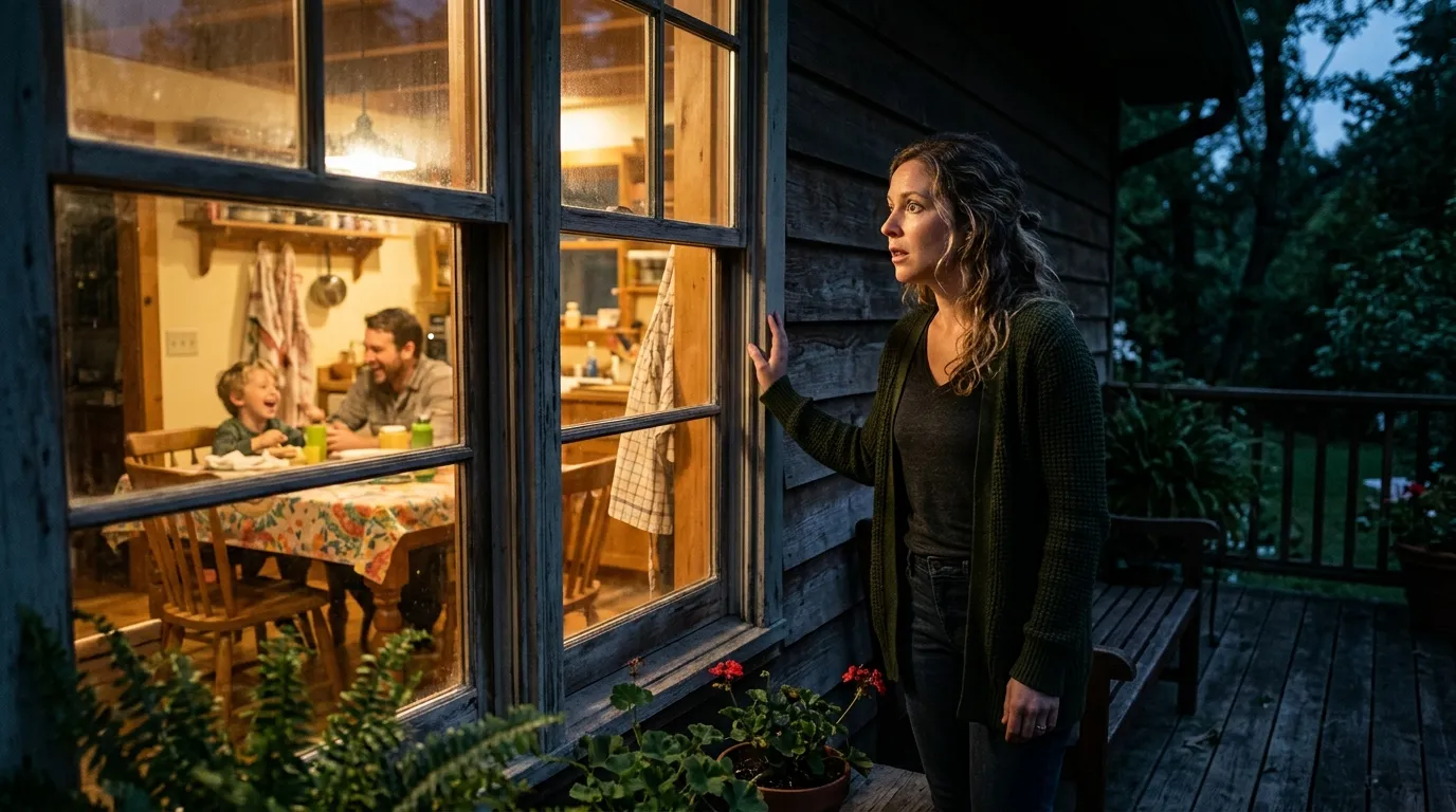 A woman standing on a porch looking thoughtfully through a lit window into a house.