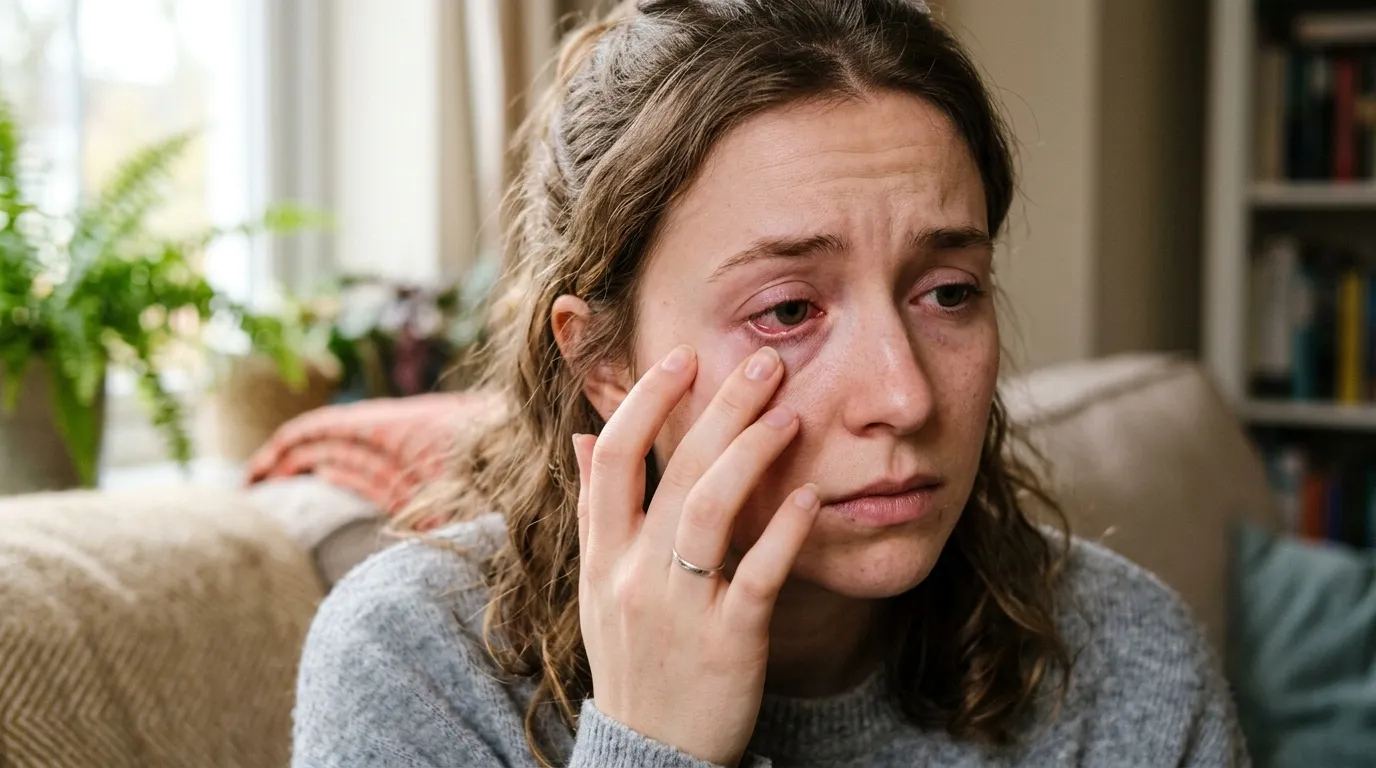 A young woman gently touching her irritated, red eye out of discomfort.