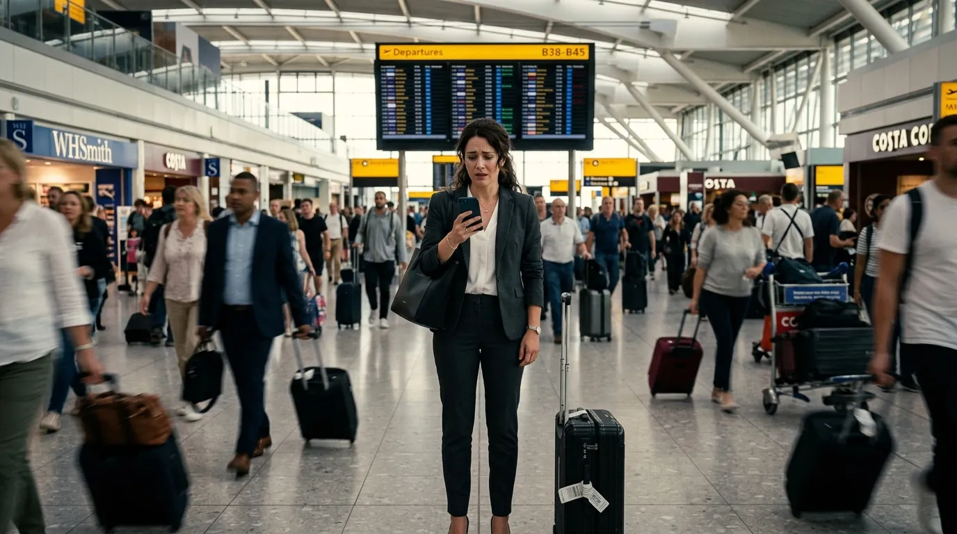 A professional woman standing alone in a busy airport terminal, staring at her phone in shock