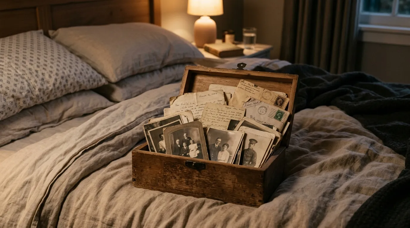 A small wooden box filled with old letters and vintage photographs resting on a bed in dim warm light.
