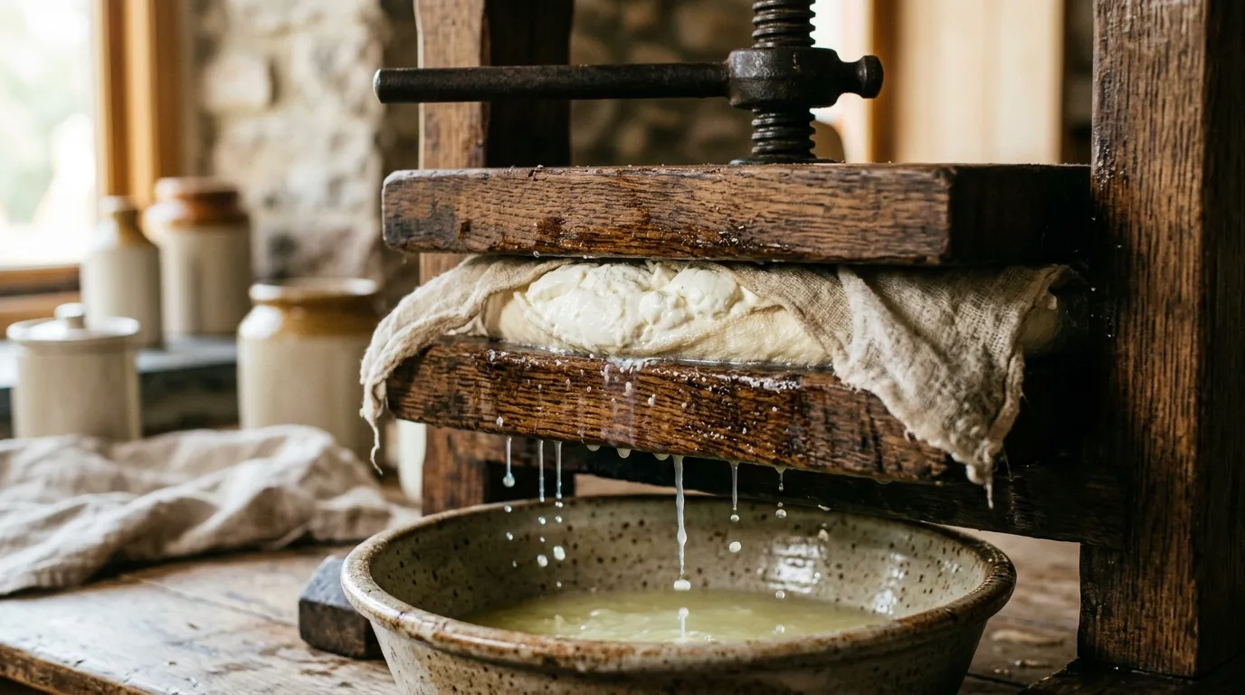 Close up of a wooden cheese press squeezing white curds to drain the whey.