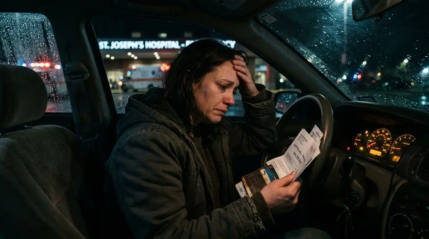 A stressed woman sitting in her car at night outside a hospital