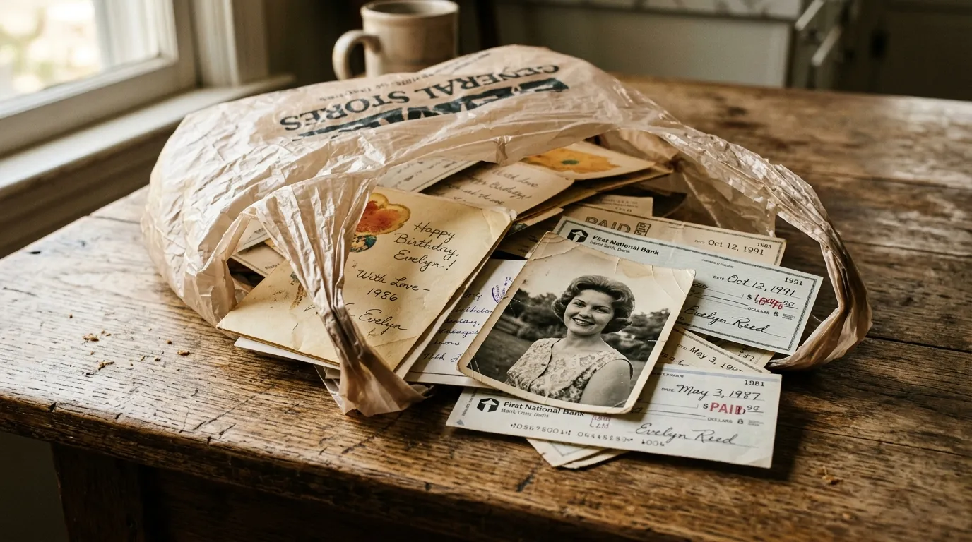 A wrinkled grocery bag spilling old cards, checks, and a photograph onto a table.