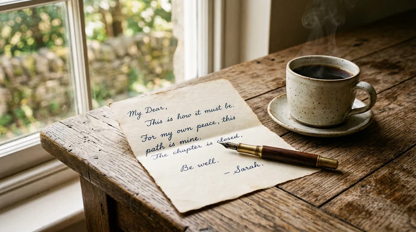 Handwritten letter on a wooden desk with a pen