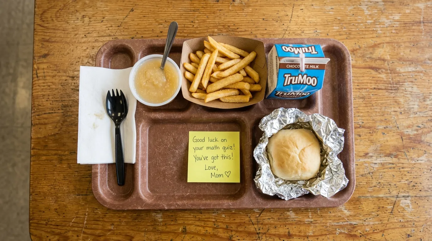 A bright yellow sticky note peeking out from under a lunch tray with fries and a foil-wrapped roll.